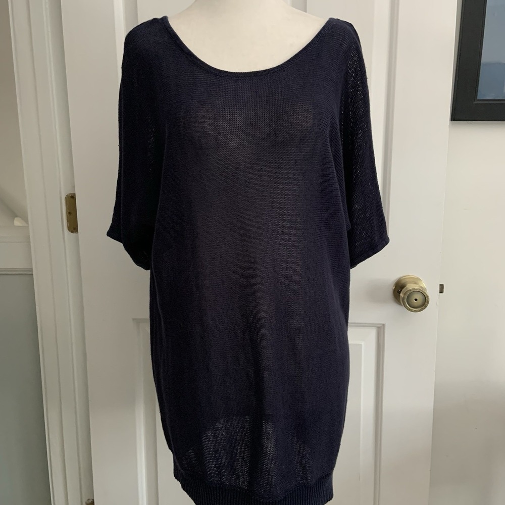 Talbots Sheer Mesh Open Knit LINEN Sweater Top Navy Blue Women sz L - Picture 8 of 10